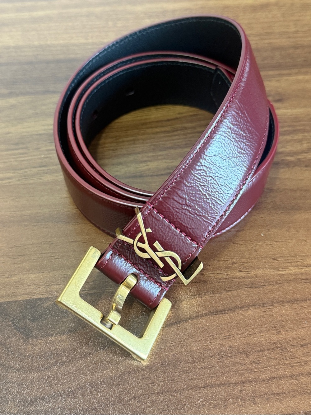 Yves Saint Laurent Burgundy Leather Belt with Gold YSL Buckle - Picture 2 of 13